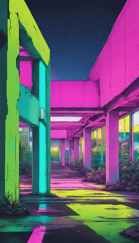 Neon pastel overgrown abandoned mall corridor under a dark starry night sky