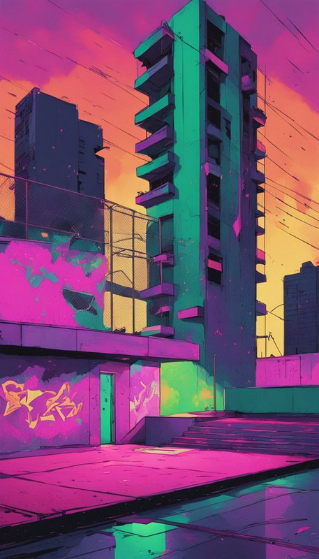 Vibrant stylized residential tower under a bright gradient pink and orange sunset sky