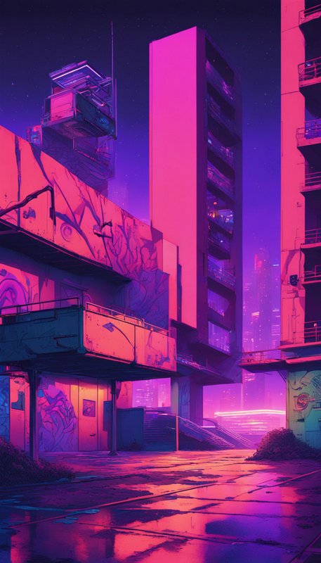 Neon-lit cyberpunk alley with graffiti-covered high rises reflects vibrant pink and purple night lighting