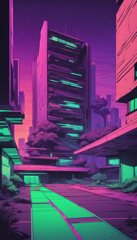 Retro cyberpunk city street at twilight, overgrown skyscraper with glowing teal accents under a purple gradient sky
