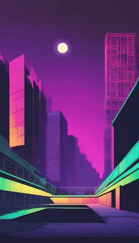 Synthwave style urban rooftop under a glowing full moon and gradient purple night sky