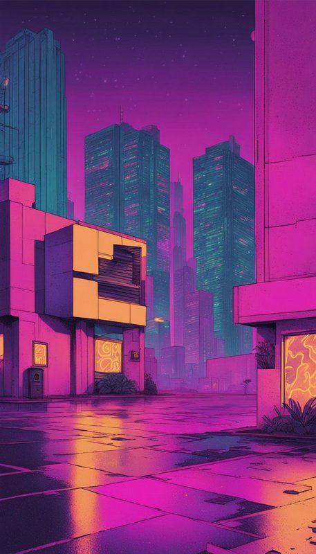 Retro synthwave city street with wet reflective pavement under a glowing purple twilight sky