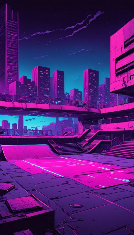 Neon pink cyberpunk skatepark sits in a derelict elevated urban plaza at starry twilight