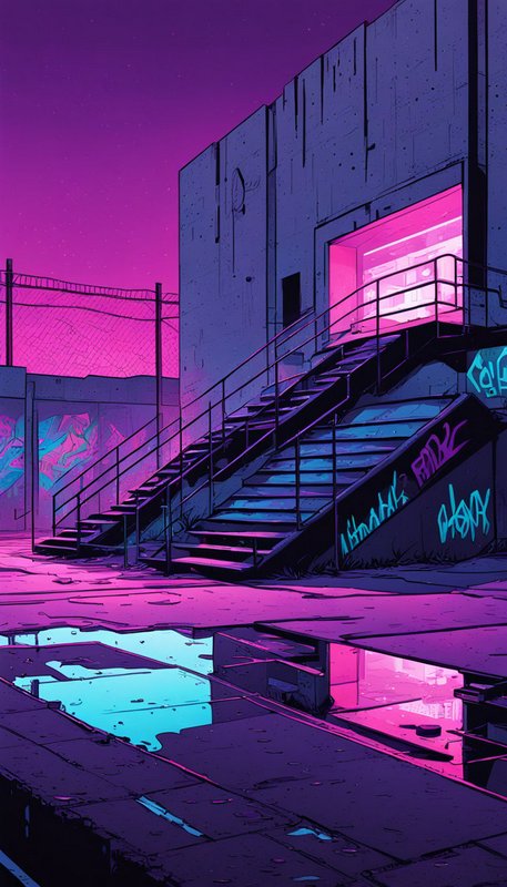 Neon lit derelict industrial stairwell with graffiti, reflective puddles under a purple dusk sky
