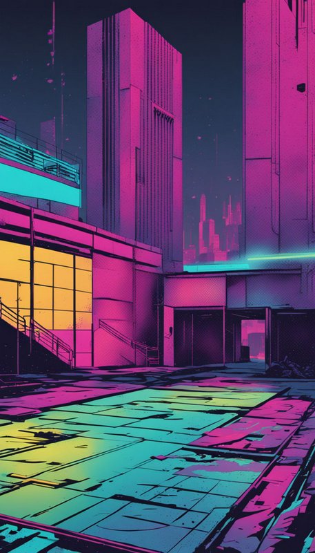 Retro cyberpunk city rooftop lined with neon pink skyscrapers and glowing teal accents at dark night
