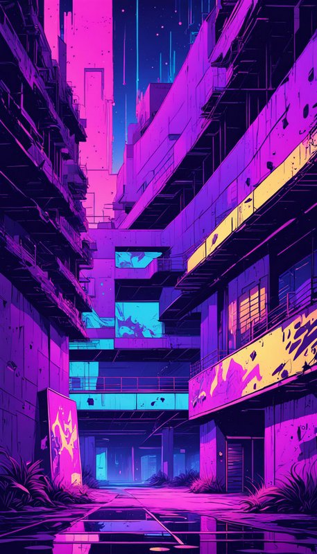 Vibrant neon cyberpunk alley between weathered stacked buildings glows pink, purple, and blue under a starry night sky