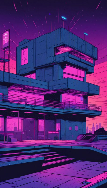 Brutalist cyberpunk building glowing pink against a gradient purple starry night sky