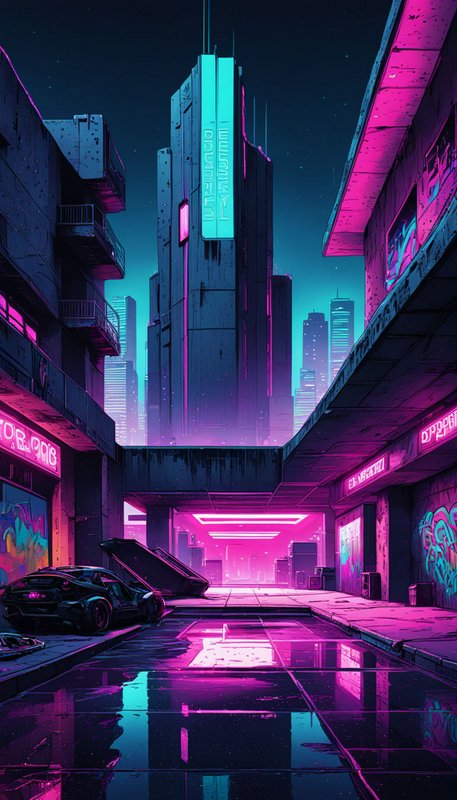 Neon lit cyberpunk city alley at night with wet reflective pavement and futuristic sports car