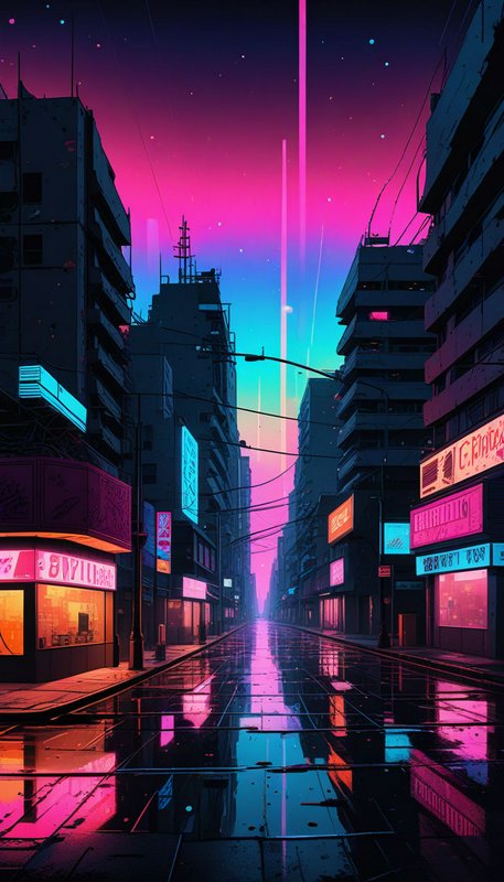 Wet reflective cyberpunk city street lined with glowing neon signs under a vibrant gradient dusk sky