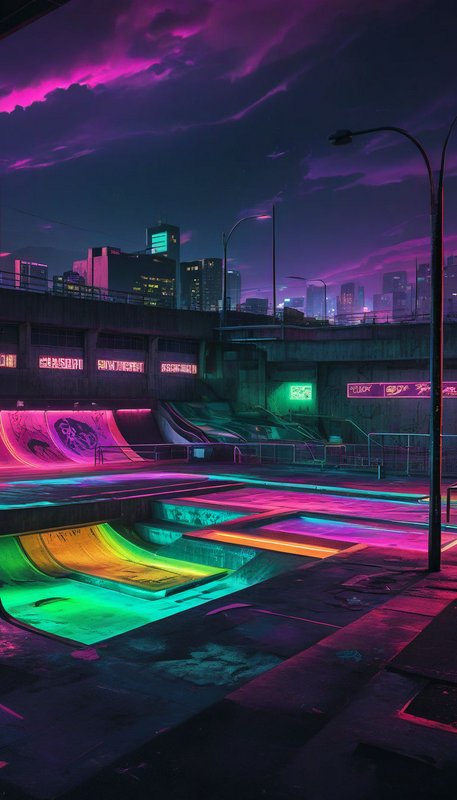 Glowing neon cyberpunk skatepark sits beneath a purple twilight sky overlooking a downtown city skyline