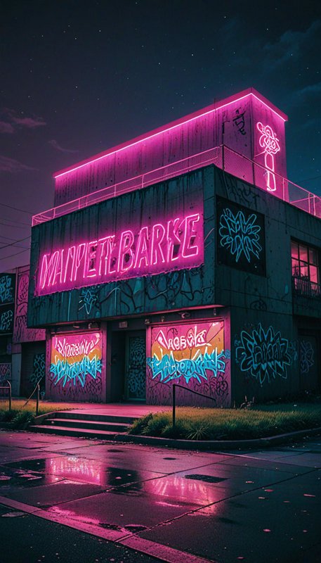 Graffiti-covered brutalist bar building glowing with hot pink neon above a wet reflective sidewalk on a starry night