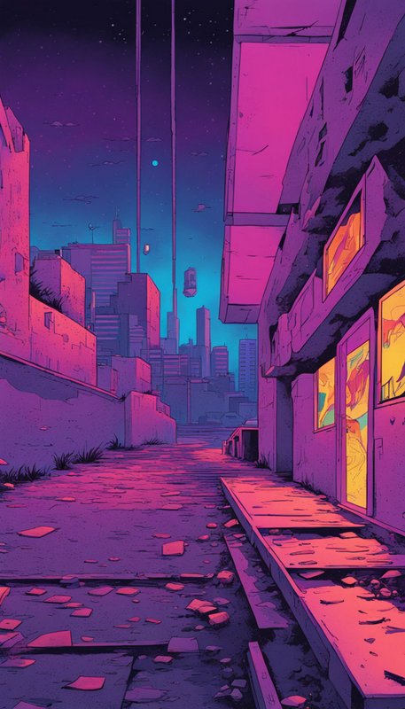 Crumbling dystopian cyberpunk alley sits under a gradient purple and teal starry night sky