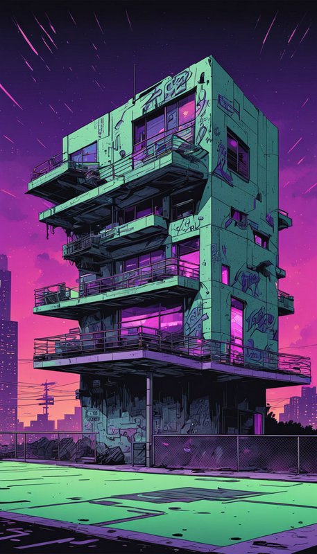 Dilapidated graffiti-covered apartment tower stands against a vibrant purple-pink cyberpunk sunset sky