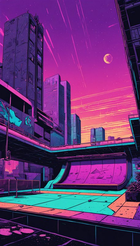 Futuristic neon skatepark between skyscrapers under a purple and pink gradient dusk sky