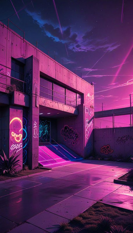 Neon lit graffiti covered concrete skatepark under a vibrant purple synthwave night sky