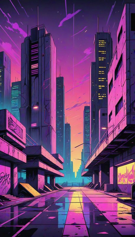 Empty rain-slicked cyberpunk city street between skyscrapers under a vibrant purple and pink gradient sunset sky