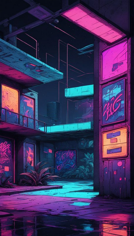 Neon lit cyberpunk alleyway with graffiti, wet reflective pavement and weathered abandoned buildings at night