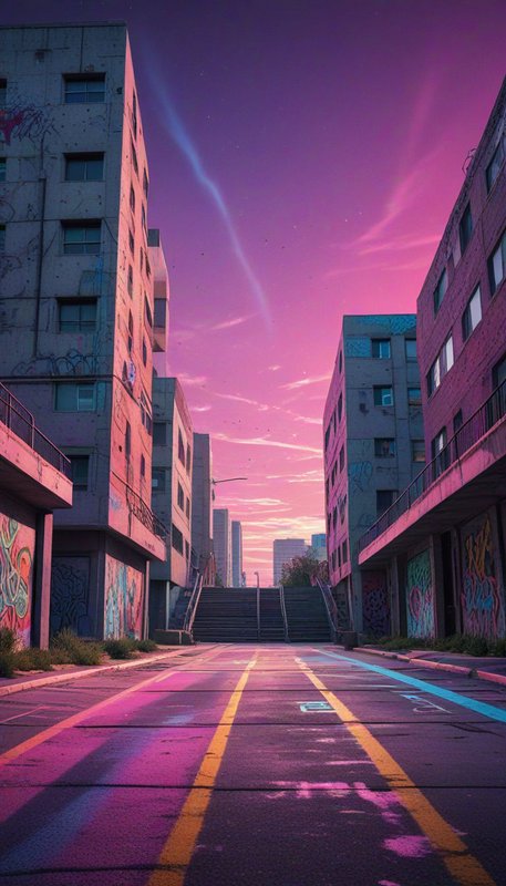 Empty street flanked by graffiti-covered apartment blocks under a vibrant purple-pink sunset sky