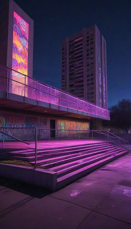 Brutalist concrete plaza bathed in pink neon light, covered in graffiti, sits below a high rise tower on a dark night