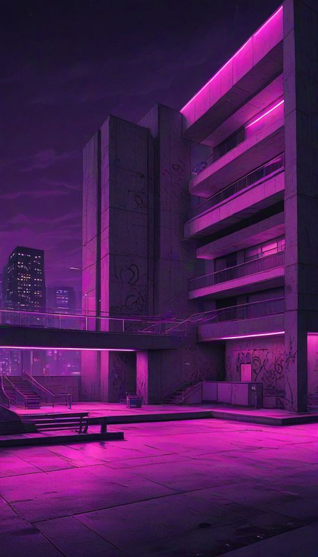 Brutalist concrete apartment complex glowing with pink neon under a dark purple cyberpunk night sky