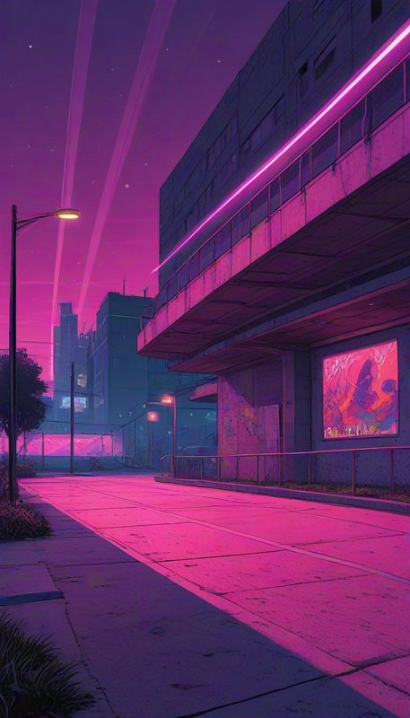 Empty cyberpunk city sidewalk glows pink beneath a purple starry twilight sky next to a concrete apartment building