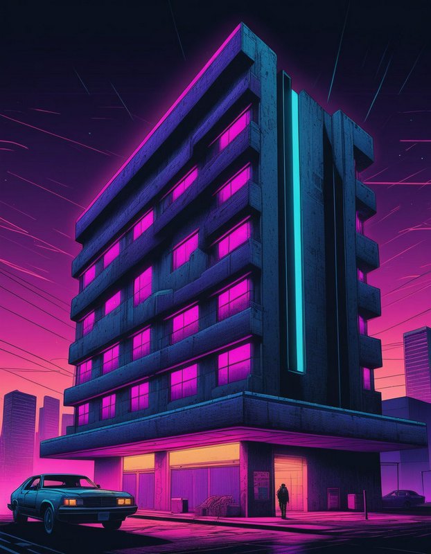Brutalist apartment building glows with neon pink and teal on a retro cyberpunk city street at night
