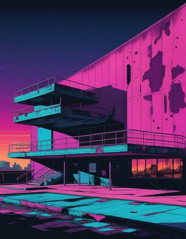 Weathered abandoned brutalist building in bold pink and teal under a gradient dusk sky