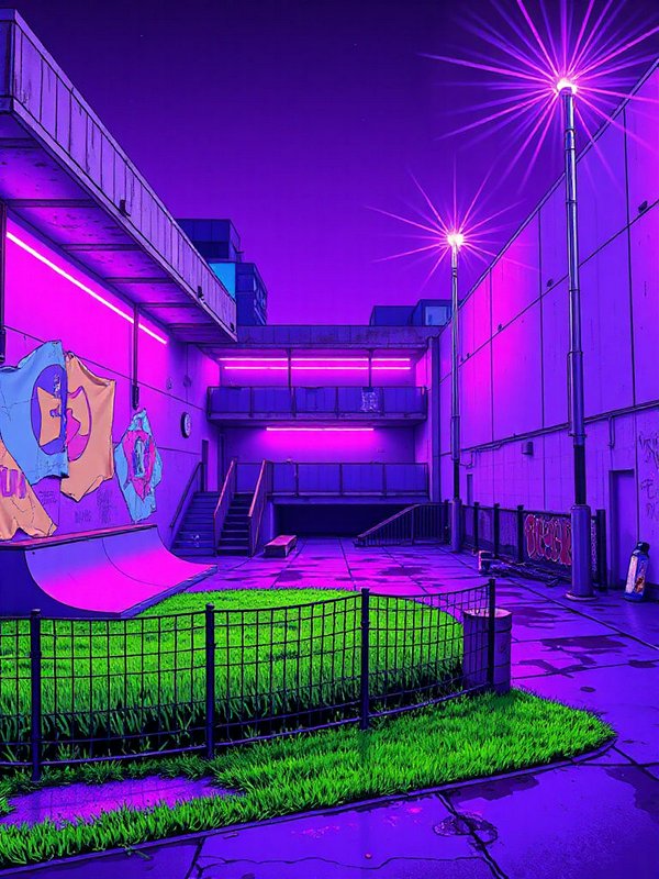Cyberpunk neon purple apartment courtyard with a skate ramp and glowing street lamps at night