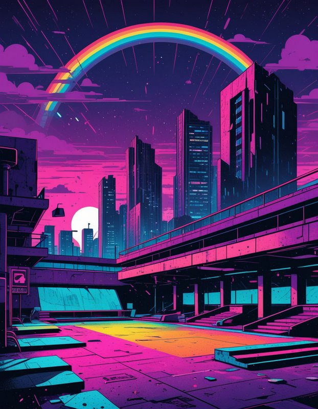 Bright rainbow arcs over a neon synthwave city skyline above an abandoned concrete plaza at twilight