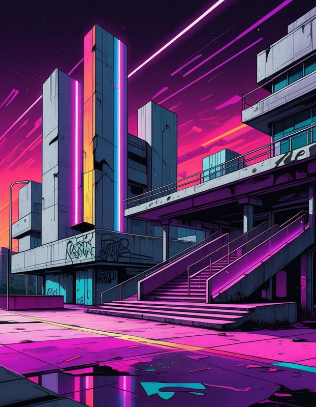Brutalist cyberpunk urban scene with glowing neon accents under a vibrant magenta and purple night sky