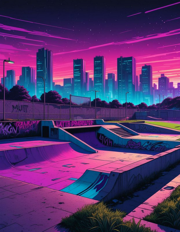 Empty graffiti-covered skate park with ramps overlooks a neon futuristic city skyline at purple dusk