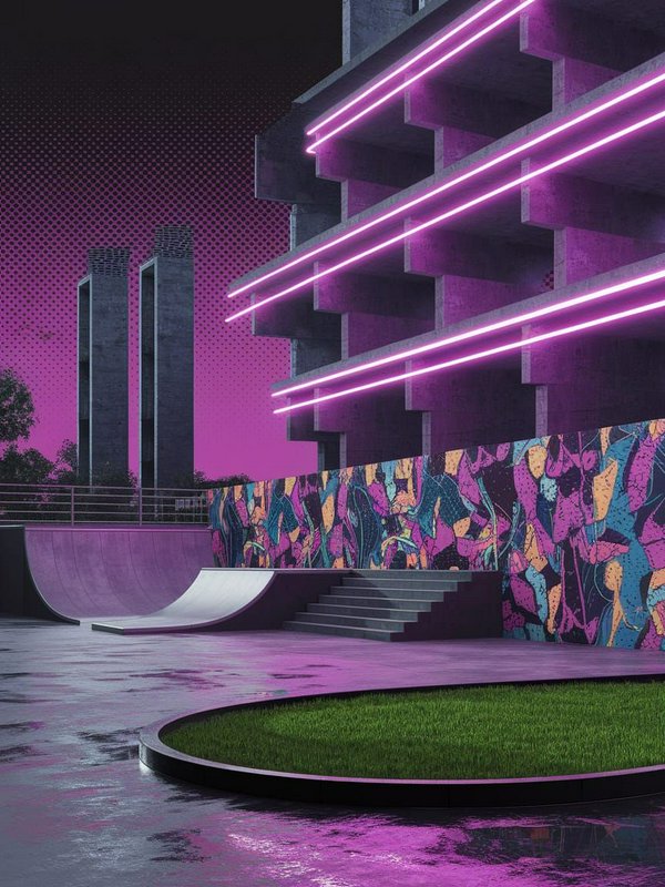 Futuristic neon-lit brutalist skate park with ramps and graffiti under a purple gradient night sky