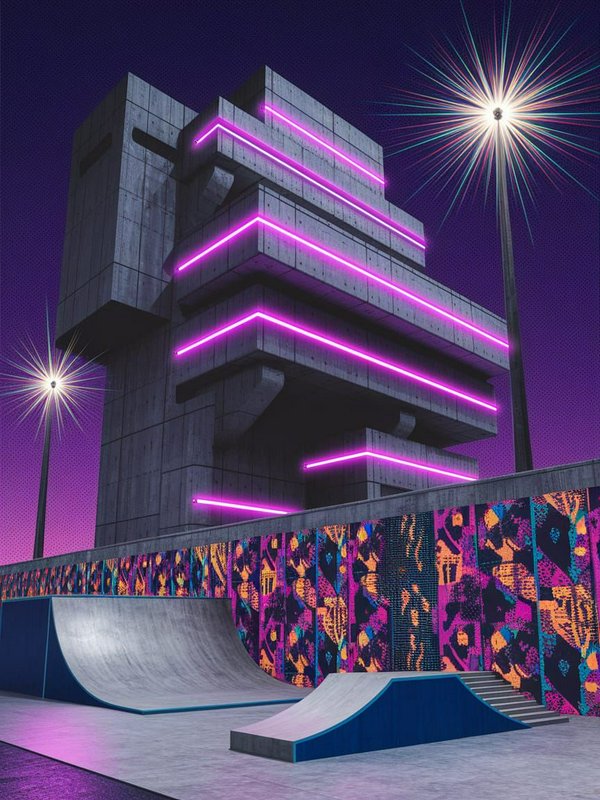 Brutalist concrete building with glowing pink neon trim overlooks a vibrant skate park at purple twilight