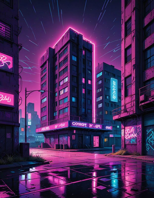 Neon-lit cyberpunk city street at night with wet reflective pavement and glowing high-rise buildings
