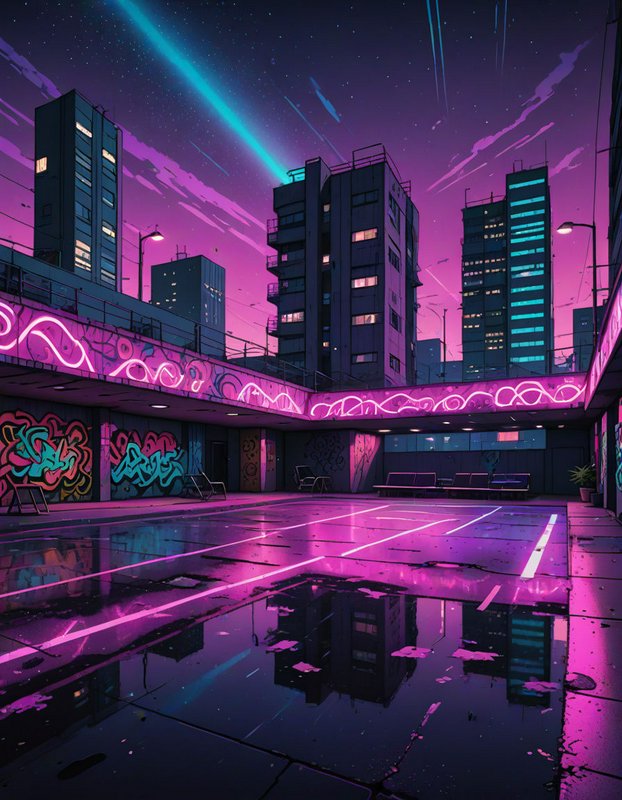 Cyberpunk residential courtyard lit by pink neon under a purple twilight sky with glowing shooting star streaks