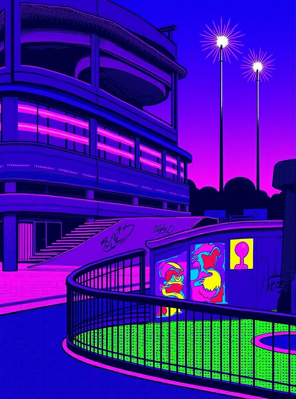Vibrant vaporwave illustration of an urban skate park and modern building at neon twilight