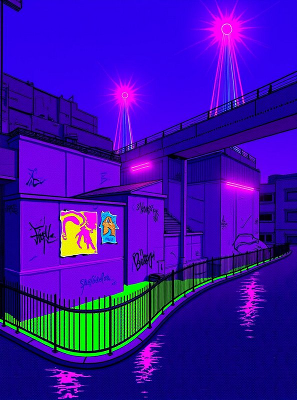 Neon cyberpunk city alley with graffiti-covered buildings, elevated overpass, and glowing purple night sky
