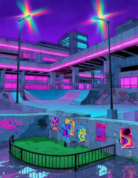 Neon lit urban skatepark under a purple night sky with glowing pink neon accents and rainbow street light flares