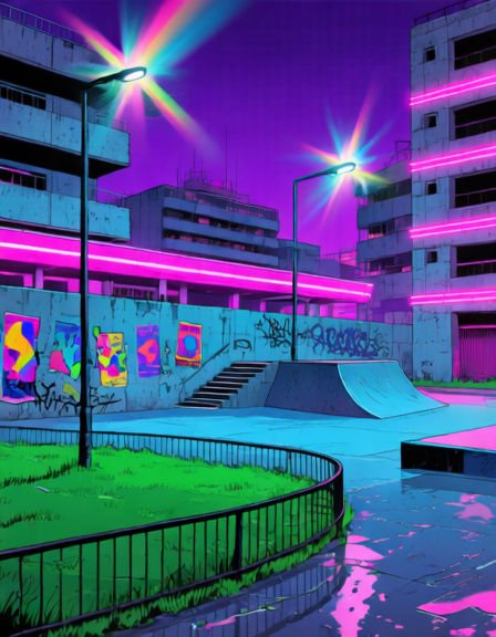 Neon-lit cyberpunk anime skate park sits in an apartment complex under purple twilight skies