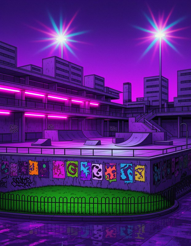 Glowing neon urban skate park at purple dusk, lined with graffiti and lit by street floodlights