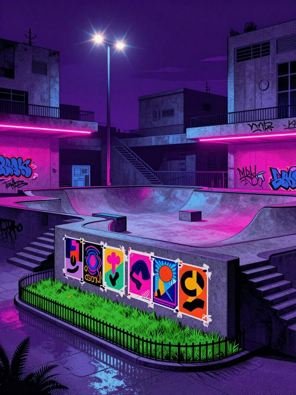 Neon lit synthwave skate park at night, lined with street art under a deep purple sky