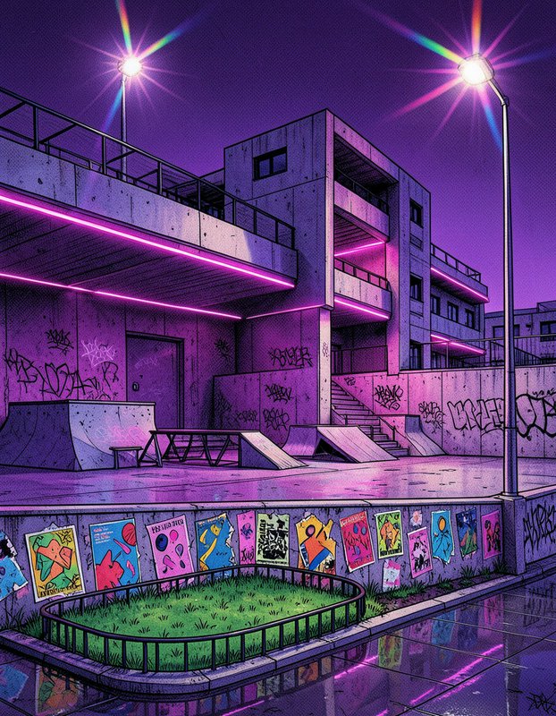 Neon lit concrete skate park outside a graffiti covered brutalist apartment building under purple twilight skies