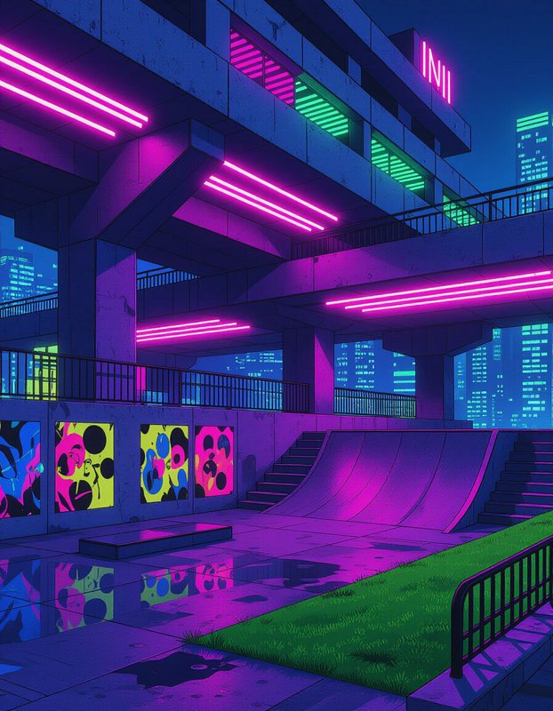 Neon lit brutalist skate park courtyard at night with glowing neon and distant cyberpunk city skyline