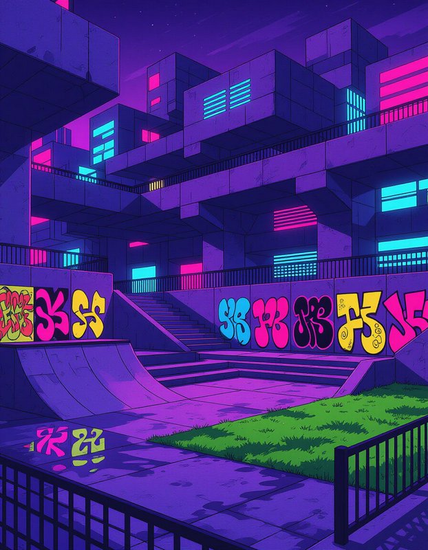 Cyberpunk skatepark courtyard with neon-lit brutalist buildings and graffiti under a purple night sky