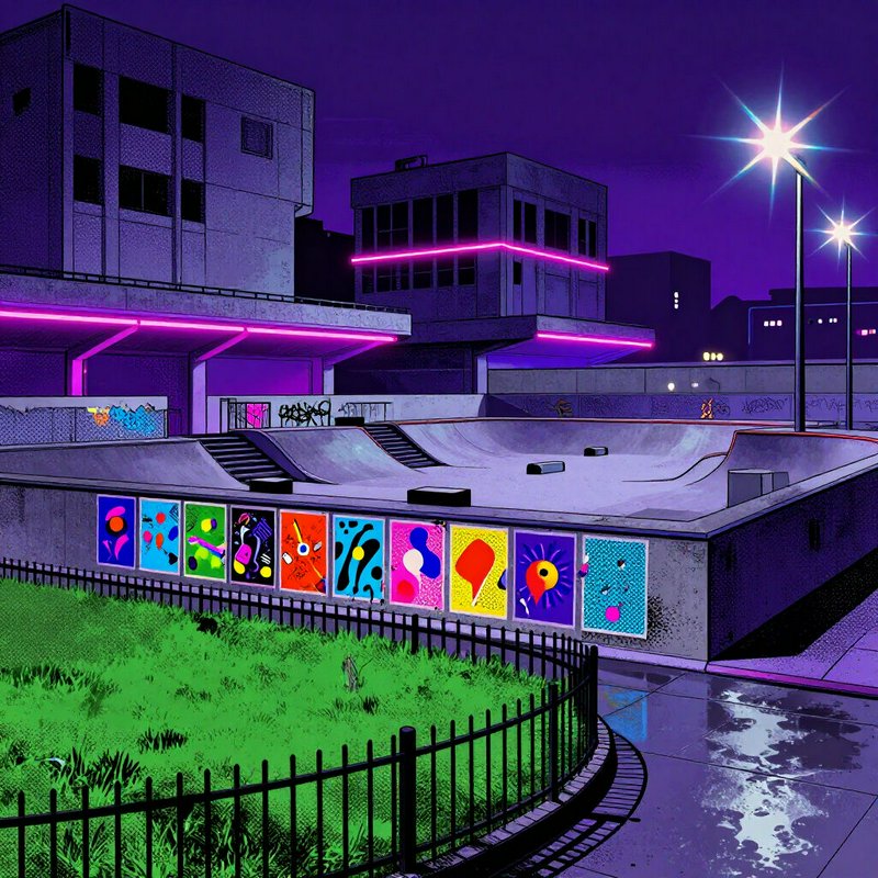 Neon lit urban skatepark lined with abstract pop art prints under a purple night sky