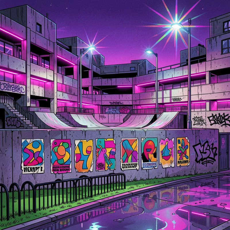 Neon lit skatepark sits in a brutalist apartment courtyard under a purple twilight sky.