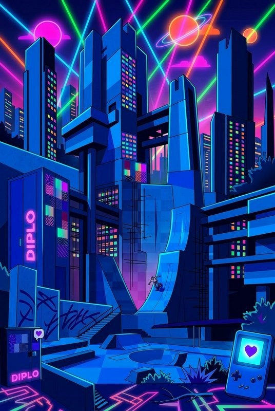 Neon cyberpunk skate park with a skater, neon laser beams and ringed planets in the night sky