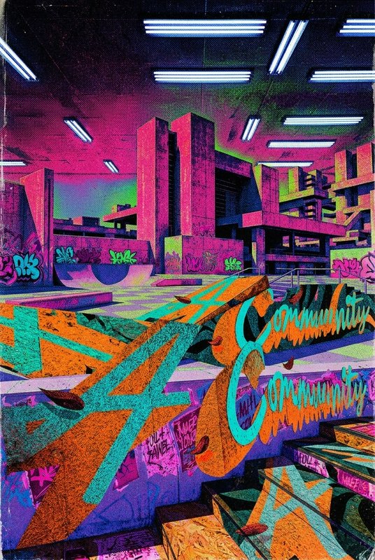 Neon cyberpunk indoor skate park covered in vibrant graffiti under overhead fluorescent lights
