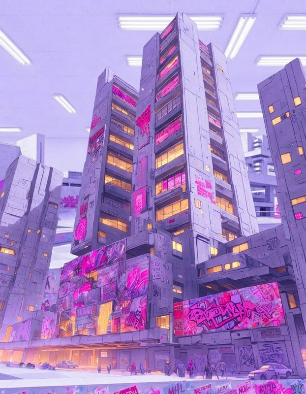 Surreal cyberpunk brutalist skyscrapers covered in pink graffiti under fluorescent ceiling lights