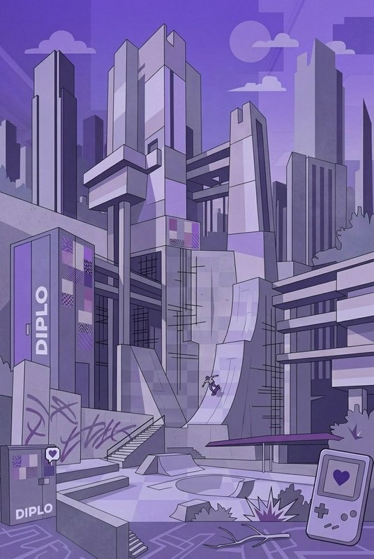 Skateboarder rides a ramp in a monochrome purple brutalist futuristic city skate park